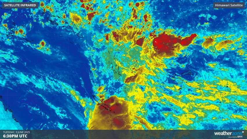 Image: Enhanced infrared satellite image showing enhanced cloudiness over New Caledonia and the South Pacific on the morning of Wednesday, June 4.. Source: Weatherzone
