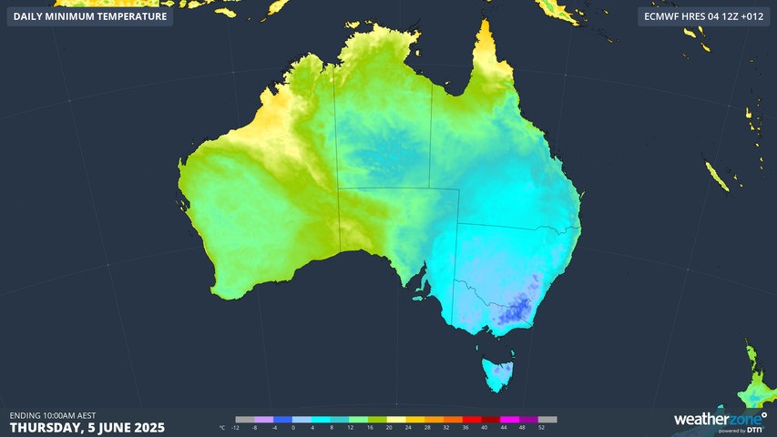 Image: Modelled minimum temperatures on Thursday morning. Source: Weatherzone.