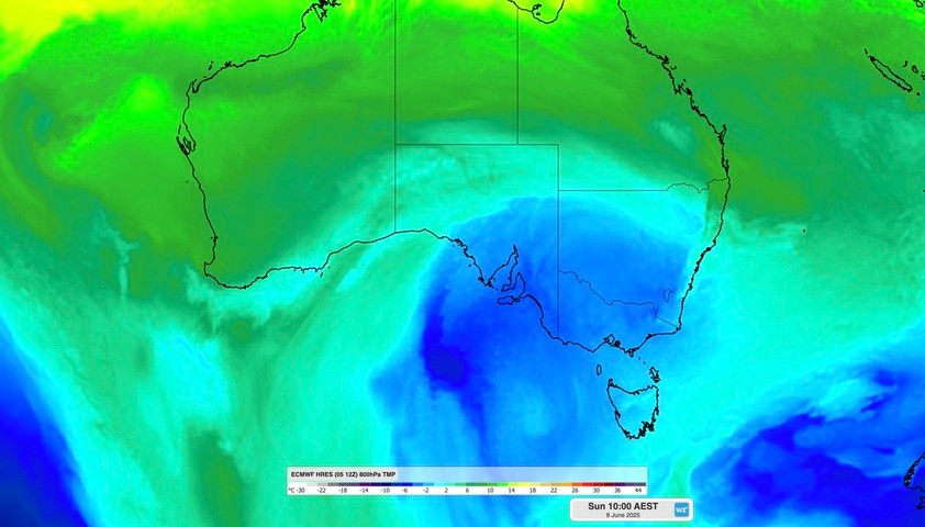 Image: Cold air over southeastern Australia on Sunday. Source: Weatherzone.