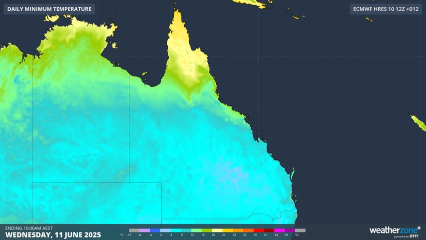 Image: There will be abundant sunshine in the Sunshine State this Wednesday, but plenty of frost inland first. Source: Weatherzone