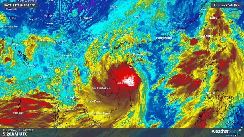 Image: Enhanced infrared satellite image showing enhanced cloudiness over Vietnam, Hainan Island and the Beibu Gulf on Thursday, June 12.. Source: Weatherzone