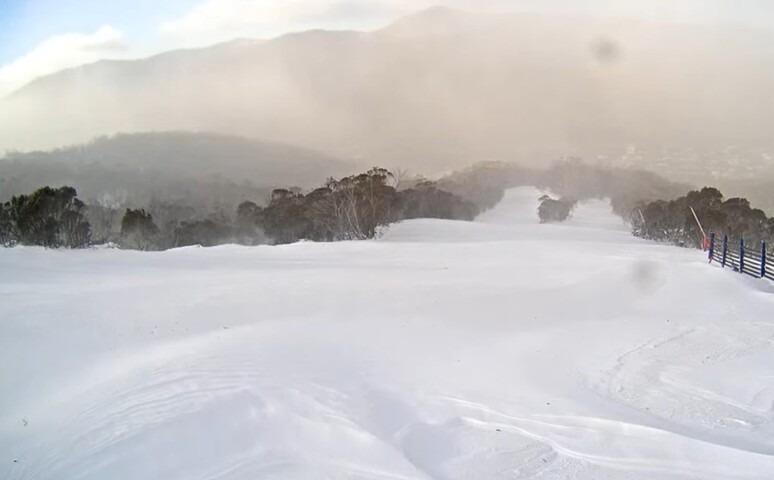 Image: Wind-scoured patterns in the fresh snow at the top of Thredbo's popular High Noon ski run. Source: Thredbo
