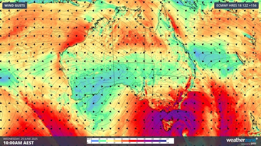 Image: Forecast wind gusts on Wednesday morning. Source: Weatherzone.
