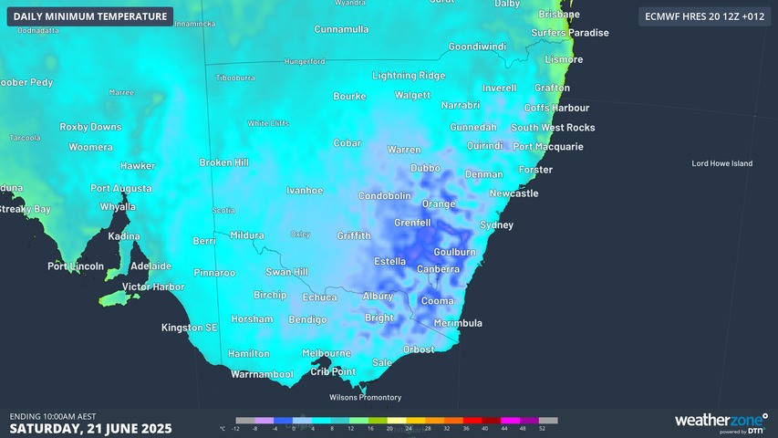 Image: Minimum temperature forecast for Saturday 21 June. Source: ECMWF