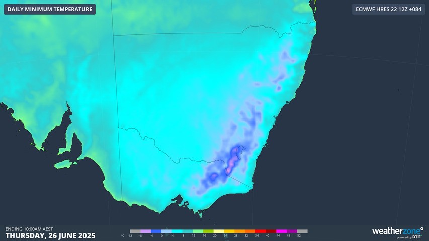 Image: Modelled minimum temperatures over Australia's southeast mainland this Thursday. Source: Weatherzone.
