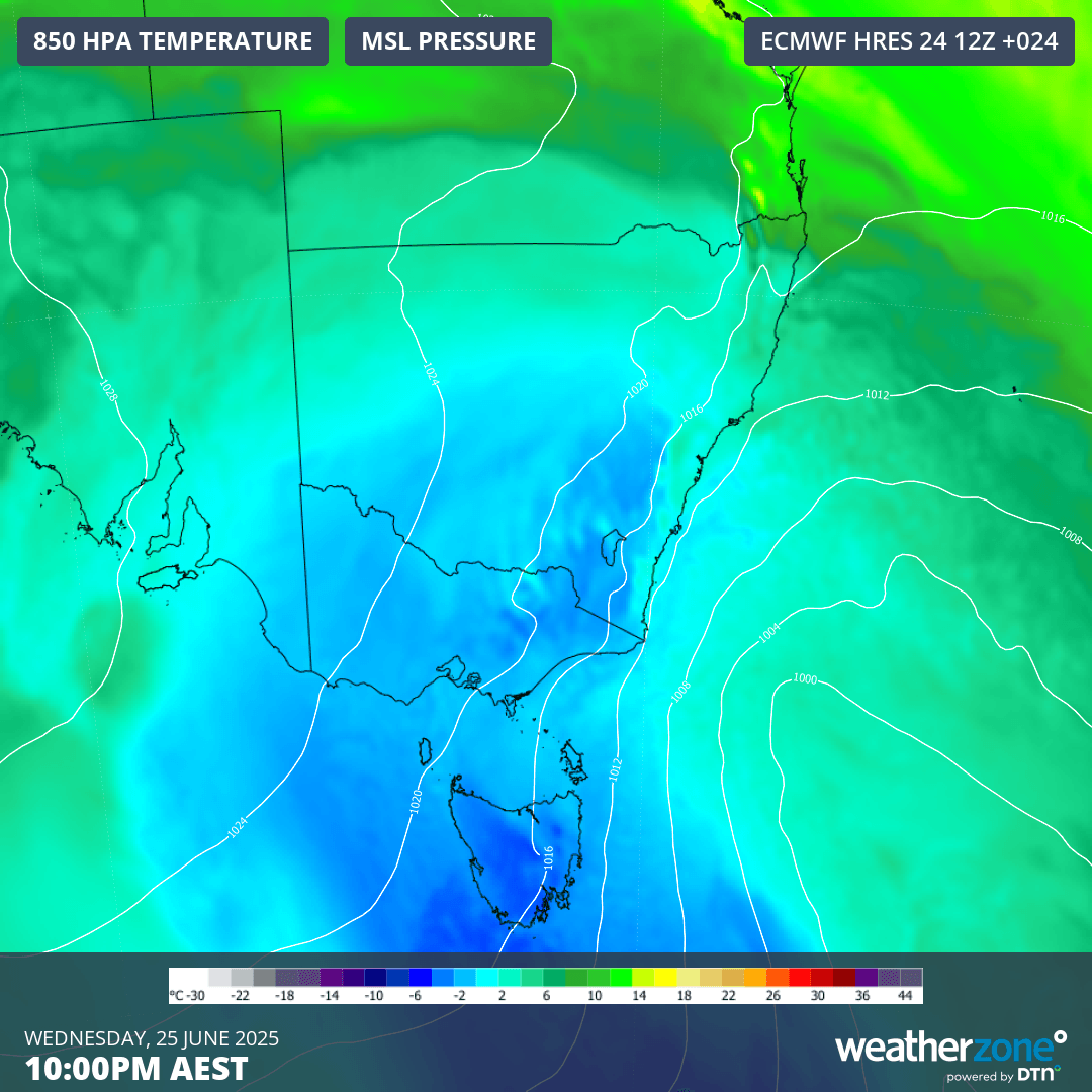 Image: Forecast 850 hPa temperatures over southeastern Australia at 10pm on Wednesday, June 24, 2025. Source: Weatherzone.
