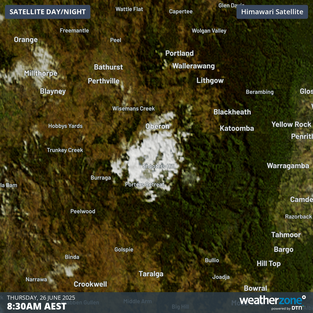 Image: Extensive overnight snow over central NSW shown by satellite after skies cleared in the early hours of Thursday. Source: Weatherzone