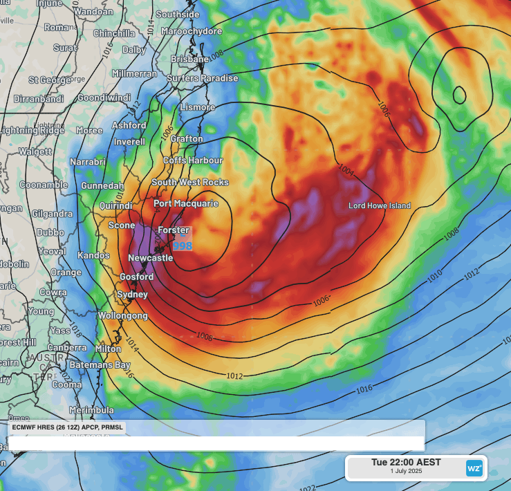 Image: Modeled Mean Sea Level Pressure and 24 hour rainfall showing an East Coast Low near NSW's Mid North Coast on Tuesday, July 1, 2025.. Source: Weatherzone