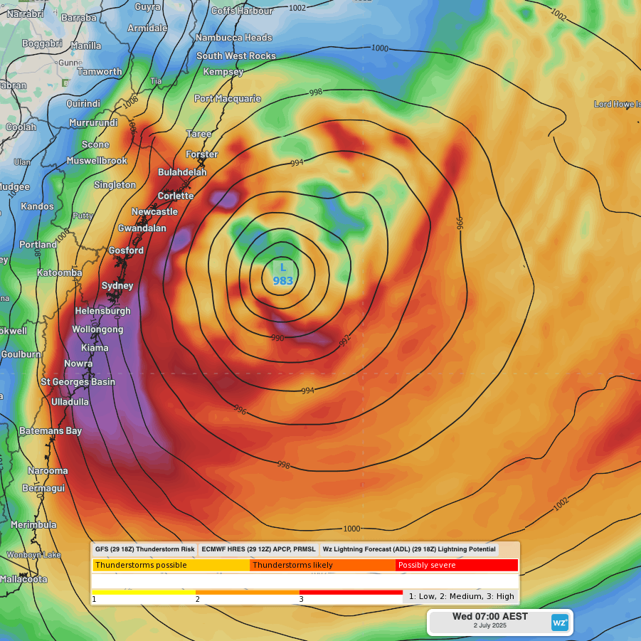 Image: Forecast MSLP and 24-hour rainfall accumulations at 7am on Wednesday, July 2, 2025.. Source: Weatherzone