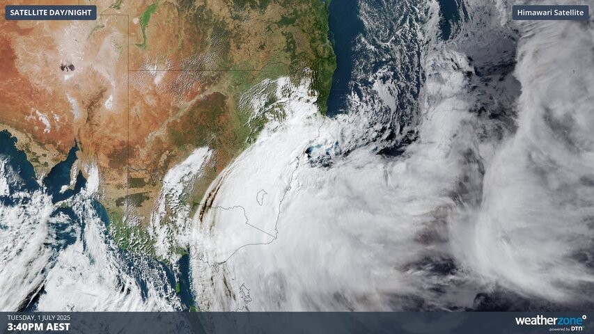 Image: Visible satellite image showing a low pressure system near the NSW coast on Tuesday. Source: Weatherzone.