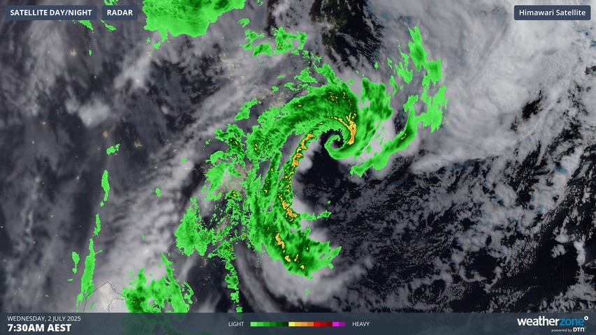 Image: Bands of moisture circulating around the centre of the East Coast Low on the morning of Wednesday, July 2. Source: Weatherzone