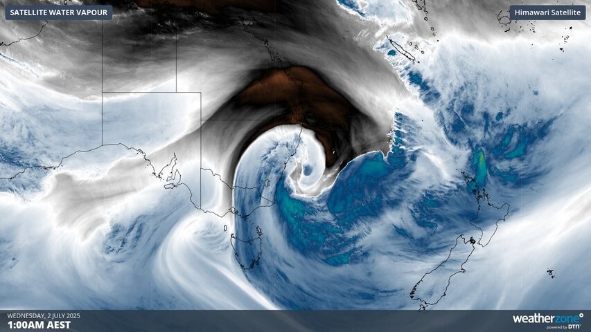 Image: Enhanced water vapour satellite image showing a low near NSW at 1am AEST on Wednesday. Source: Weatherzone.