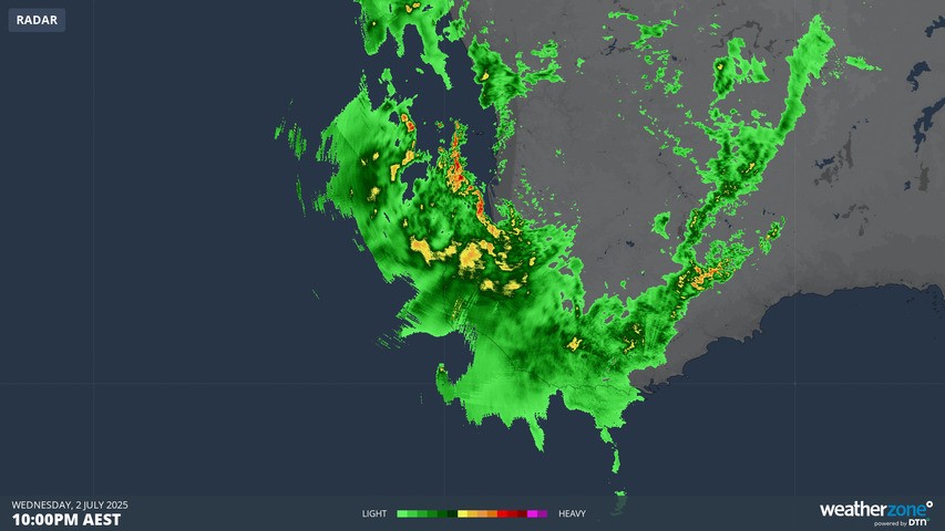 Image: The downpours were heaviest on Wednesday evening, as captured here on the radar. Source: Weatherzone