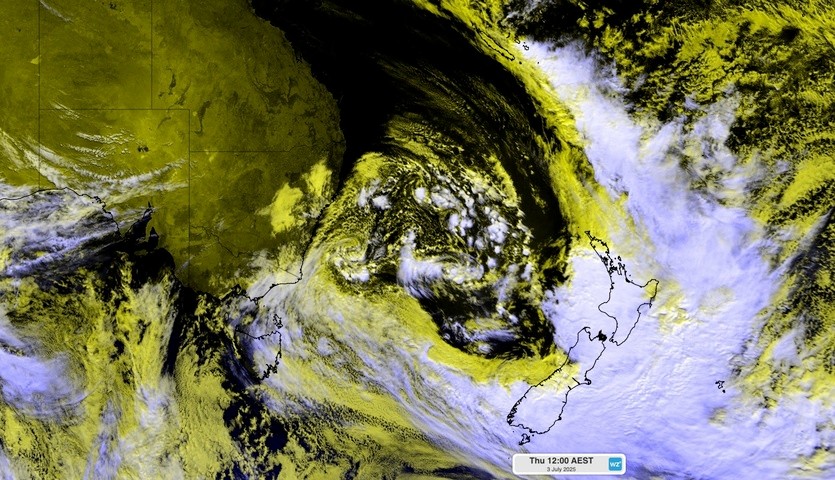 Image: Composite visible/infrared satellite image showing a complex low over the Tasman Sea on Thursday. Source: Weatherzone.