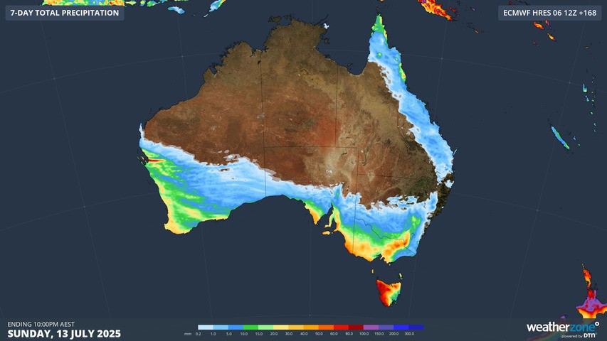 Image: The predicted weekly rainfall totals to 10pm this coming Sunday show the impact of cold fronts lashing southern Australia  . Source: Weatherzone