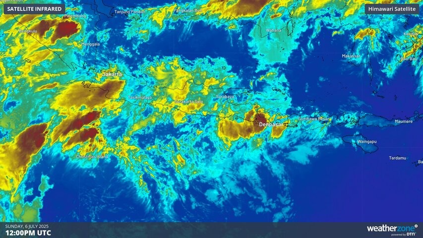 Image: Enhanced infrared satellite imagery showing intense thunderstorm activity across Bali and surrounding areas on the evening of Sunday, July 6, 2025.. Source: Weatherzone