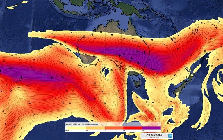 Image: Jet stream winds over Australia on Thursday, July 10, 2025. Source: Weatherzone.