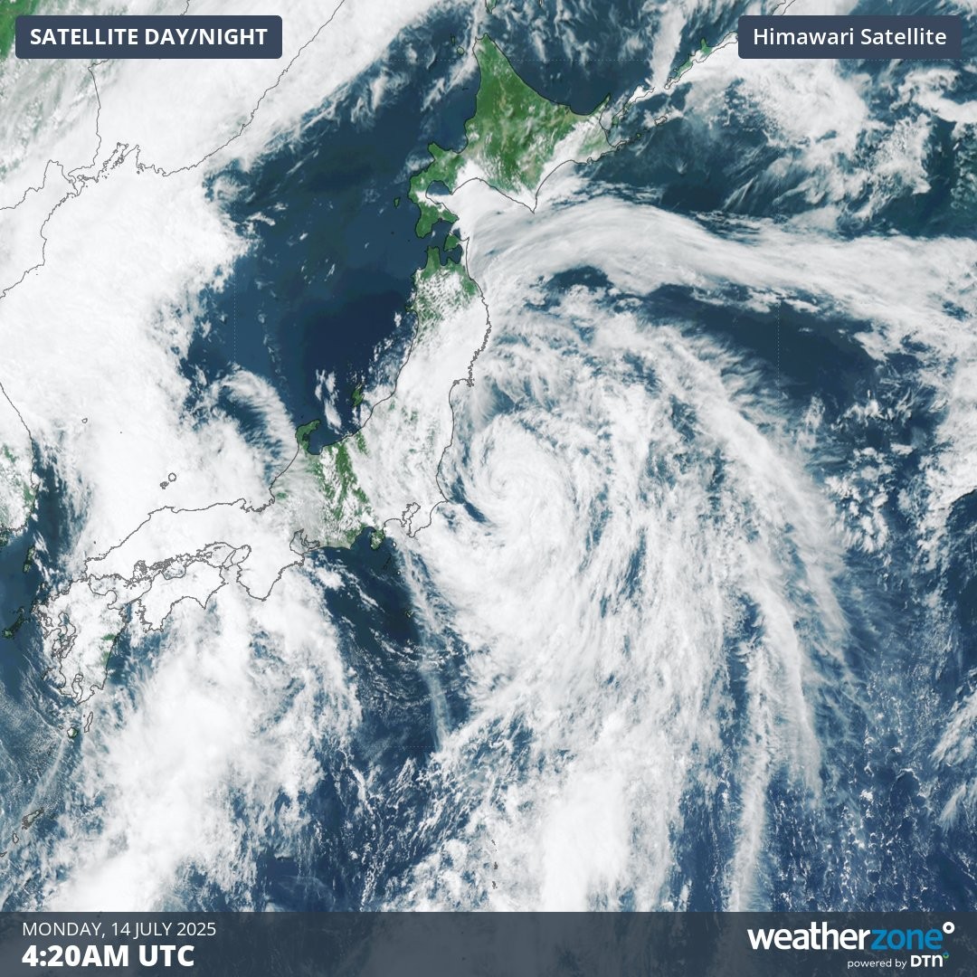 Image: Satellite imagery showing Tropical Storm Nari on Monday afternoon, July 14, 2025, within 250 km of Tokyo. Source: Weatherzone