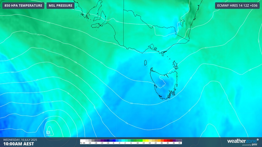 Image: Modelled 850 hPa temperature and mean sea level pressure on Wednesday morning. Source: Weatherzone.