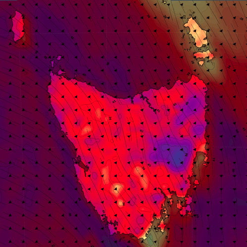 Image: Forecast wind gusts at 1:00pm AEST Saturday afternoon. Source: Weatherzone