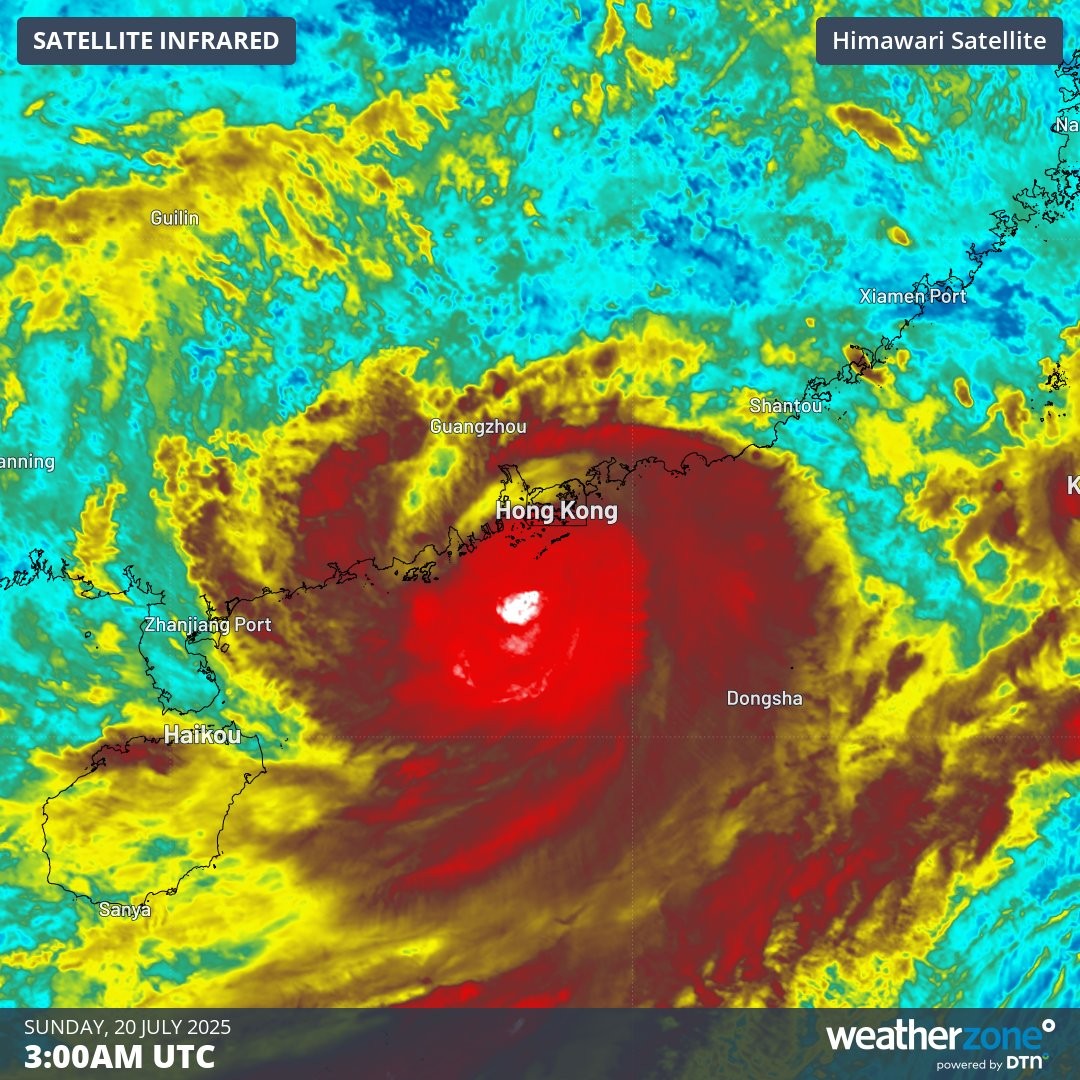 Image: Enhanced infrared satellite Imagery showing Typhoon Wipha coming close to Hong Kong around midday on Sunday, July 20, 2025.. Source: Weatherzone
