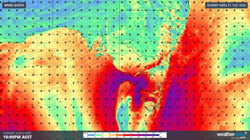 Image: Modelled wind gusts over southeastern Australia on Tuesday morning. Source: Weatherzone.