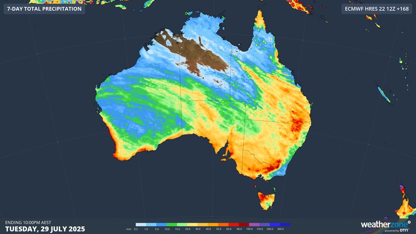 Image: Forecast accumulated rain during the week ending on Tuesday, July 29, 2025. Source: Weatherzone.