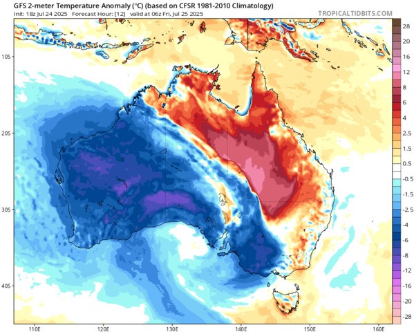 Image: Temperature anomalies over WA on Friday. Source: Tropicaltidbits.com