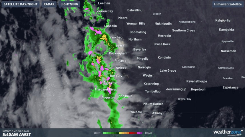 Image: Visible satellite showing the convective activity over southwest WA on the morning of Sunday, 27th July, 2025. Source: Weatherzone