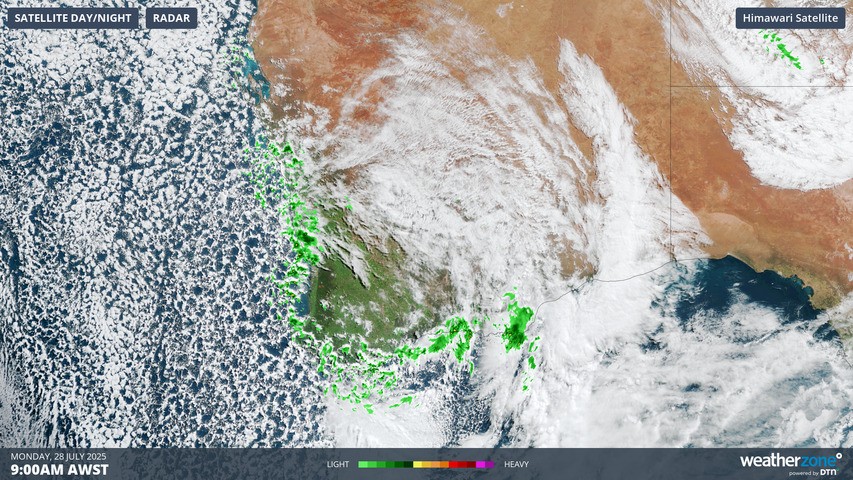 Image: The combined radar and satellite image at 9am Monday (AWST) shows coastal showers persisting in a frigid polar airmass. Source: Weatherzone