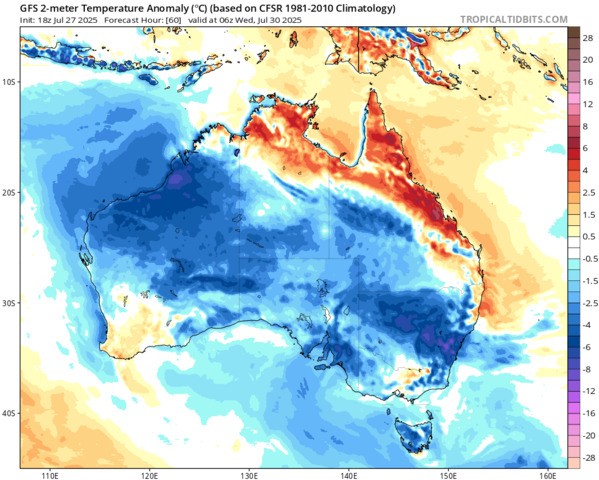 Image: Modelled temperature anomaly on Wednesday afternoon. Source: Tropicaltidbits.com