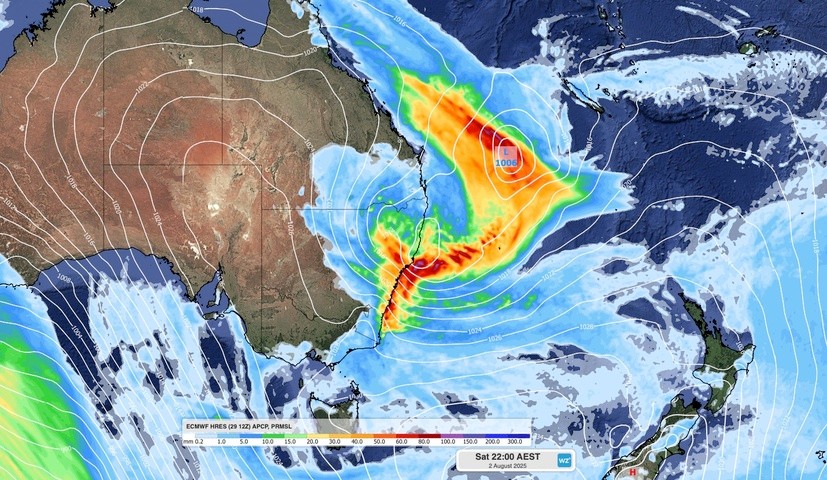Image: Forecast 24-hour rain and mean sea level pressure at 10pm AEST on Saturday, August 2, 2025. Source: Weatherzone.