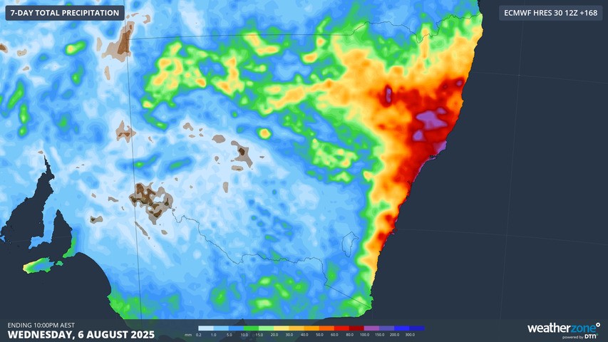 Image: Predicted NSW rainfall up until next Wednesday, August 6, according to the ECMWF model. Source: Weatherzone