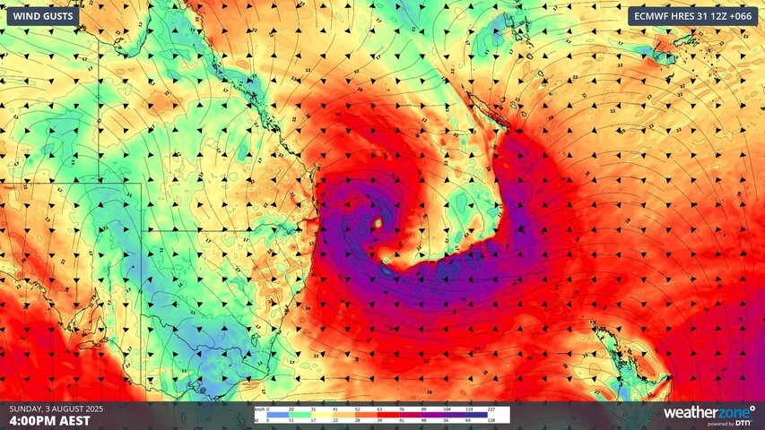 Image: Modelled wind gusts on Sunday afternoon, showing a deep low pressure system near eastern Australia. Source: Weatherzone.