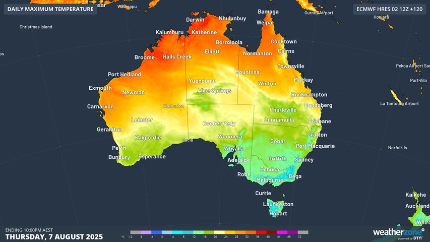 Image: A land of extremes. Maximum temperature forecast on Thursday 7th August (ECMWF). Source: Weatherzone 