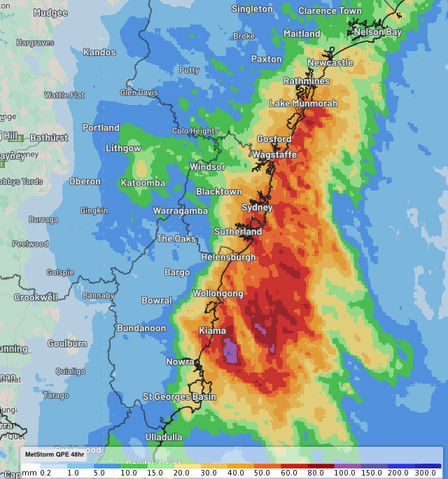 Image: DTN Quantitative Precipitation Estimate (QPE) showing widespread rainfall accumulations of 40-80mm across the greatermetropolitan region on Saturday and Sunday, August 9-10, 2025. Source: Weatherzone