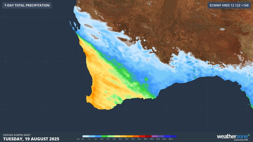 Image: Predicted rainfall totals in southwest WA to next Tuesday, August 19, according to the ECMWF model. Source: Weatherzone