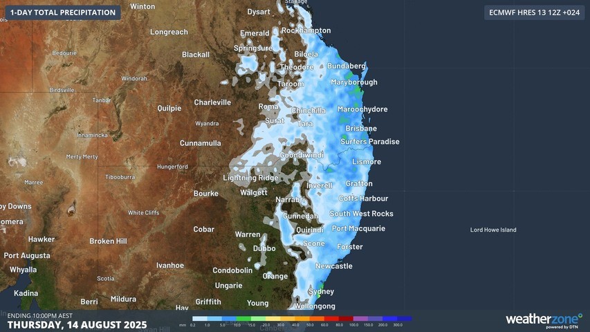 Image: Forecast rain on Thursday according to the ECMWF model. Source: Weatherzone.