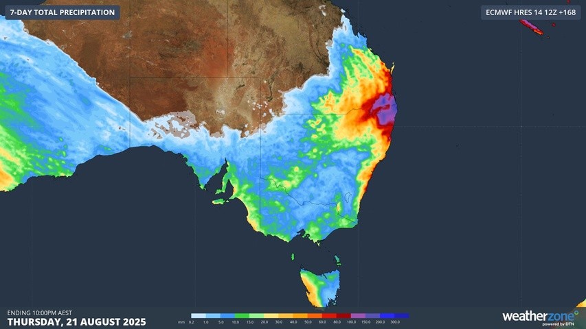 Image: Forecast accumulated rain over the coming week according to the ECMWF model. Source: Weatherzone.