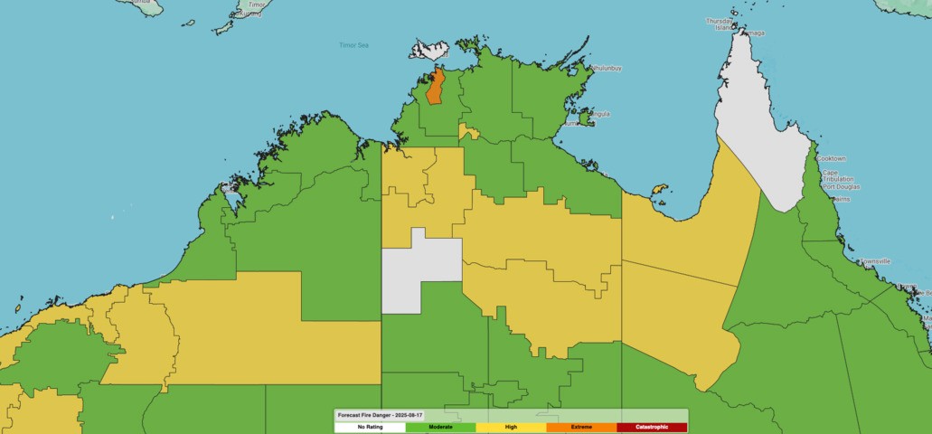 Image: High to extreme fire danger ratings across many northern Australian fire districts on Sunday, August 17, 2025. Source: Weatherzone
