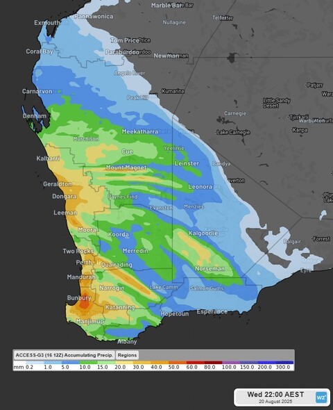 Image: Accumulating rainfall should reach 50-80mm in the South West and 20-40 mm over the Central and Lower West (including Perth) between Tuesday and Wednesday.. Source: ACCESS-G