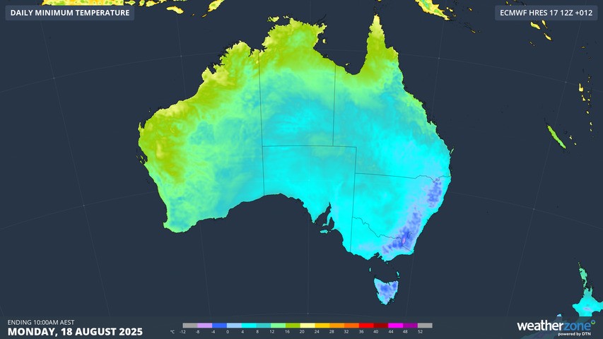 Image: Minimum temperatures across Australia on the morning of Monday, August 18, 2025. Source: Weatherzone