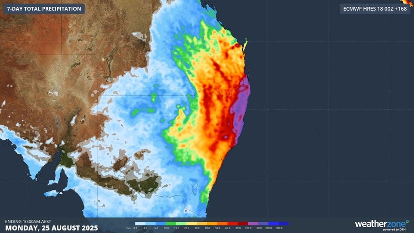 Image: Forecast accumulated rain over the next 7 days, according to the ECMWF model. Source: Weatherzone.