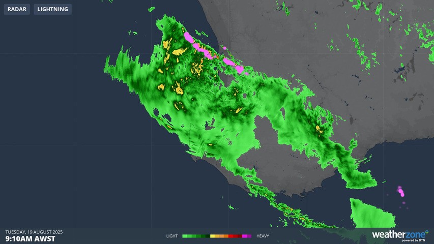 Image: Radar image for southwest WA on the morning of Tuesday, August 19, 2025. Source: Weatherzone
