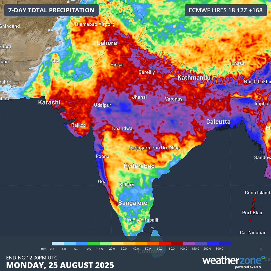 Image: Forecast rainfall accumulations over the next 7-days across the Indian sub-continent. Source: Weatherzone