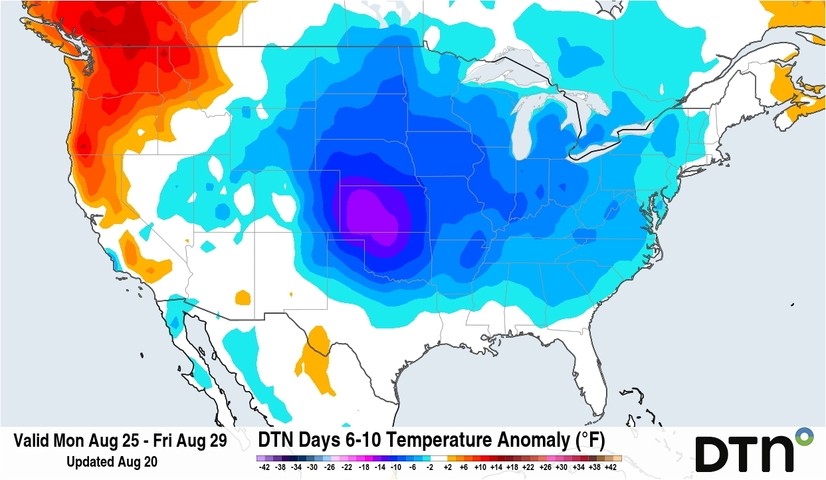 Image: Widespread below-normal temperatures are forecast for next week east of the Rockies. Source: DTN.