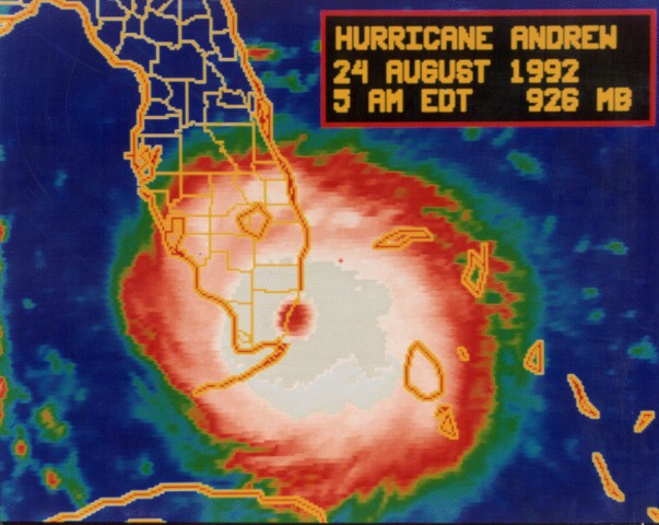 Image: Hurricane Andrew impacts southern Florida 24 August 1992. Source: NOAA