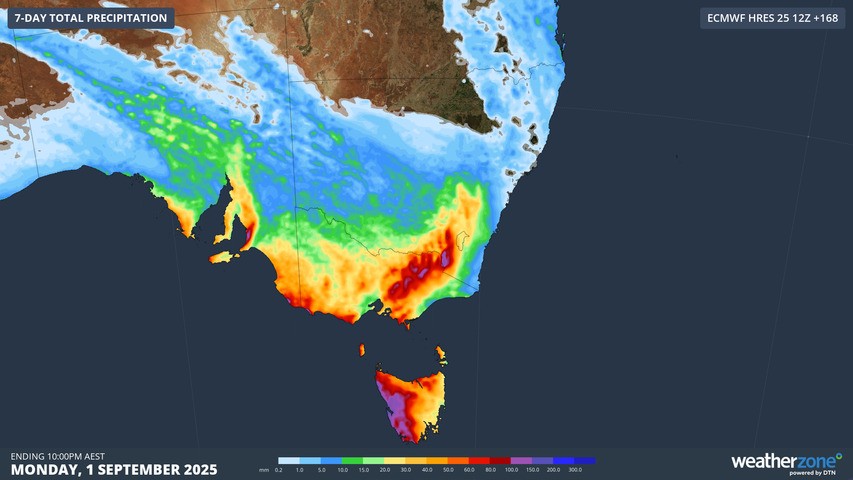 Image: Predicted rainfall totals for SE Australia up until 10pm on Monday, September 1, according to the ECMWF model. Source: Weatherzone