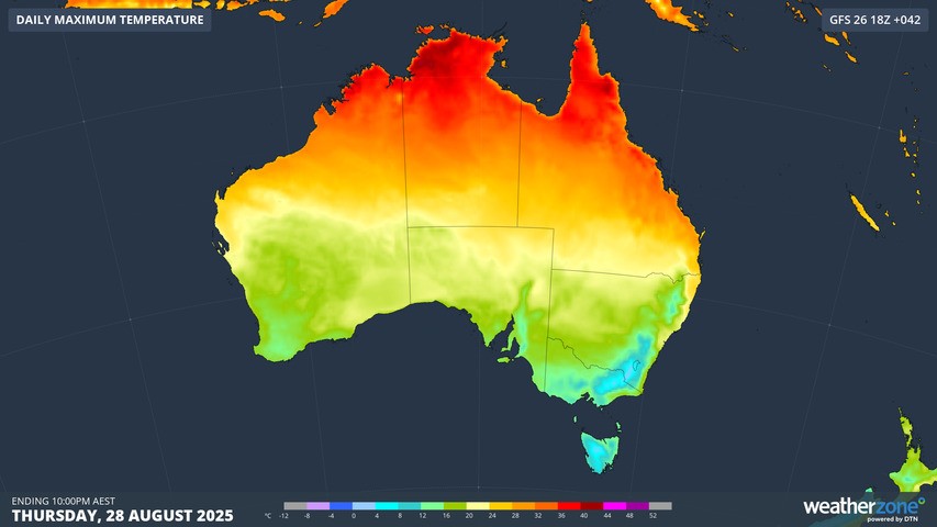 Image: Predicted maximums for Thursday, August 28, 2025 across Australia according to the GFS model. Source: Weatherzone