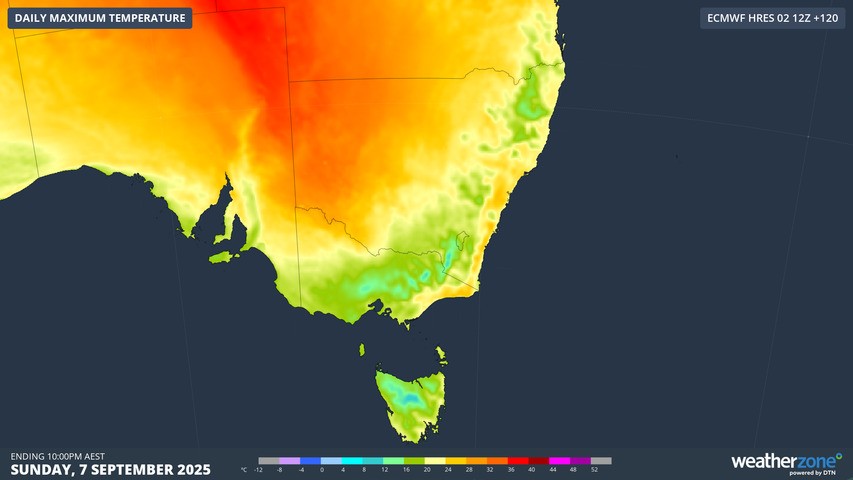 Image: Maximums will top 20°C across a wide area of SE Australia on this coming Sunday, September 7, 2025, according to the ECMWF model. Source: Weatherzone